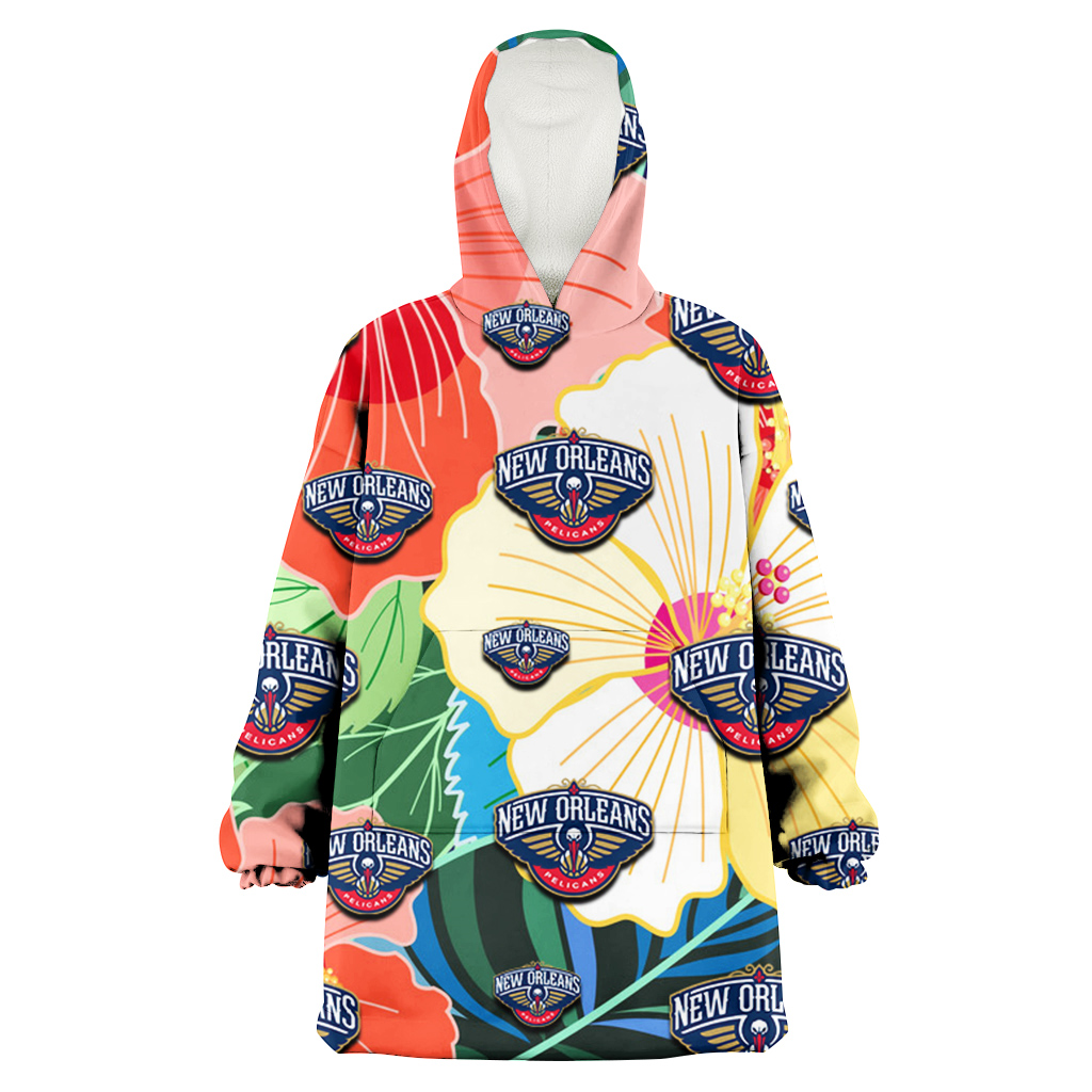 New Orlean Pelicans Orange White Tropical Hibiscus Green Leaf 3D Printed Hoodie Blanket Snug Hoodie