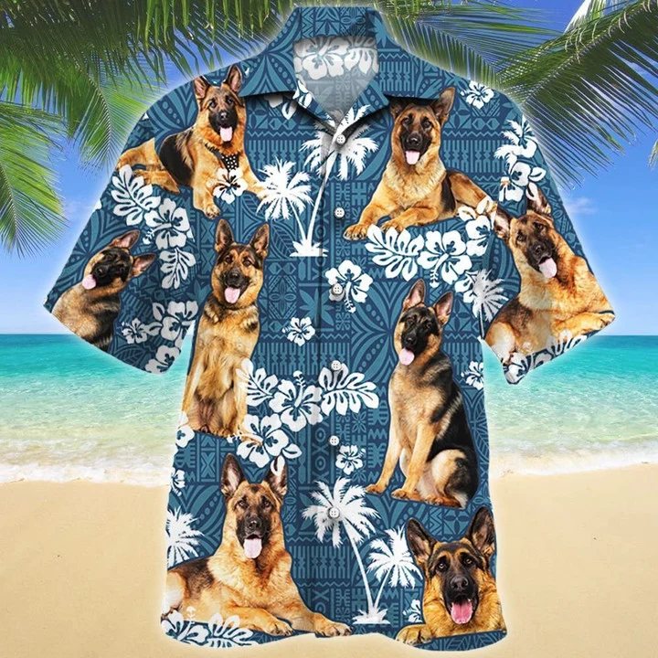 German Shepherd Shirts, Tongue Out German Shepherd Dog Lovers Blue Tribal Pattern Hawaiian Shirt