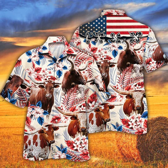 Tx Longhorn Cattle Lovers American Flag Hawaiian Shirt, Unisex Print Aloha Short Sleeve Casual Shirt