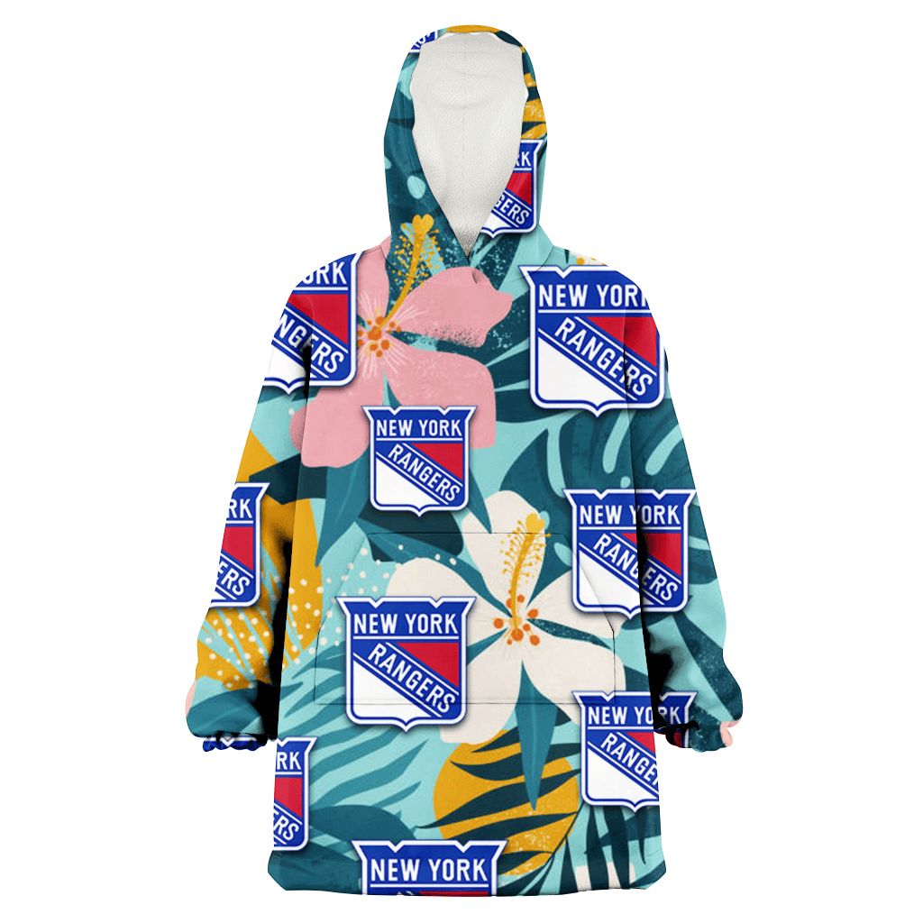 New York Rangers Pastel Color Hibiscus Tropical Leaves Light Green Background 3D Printed Hoodie Blanket Snug Hoodie