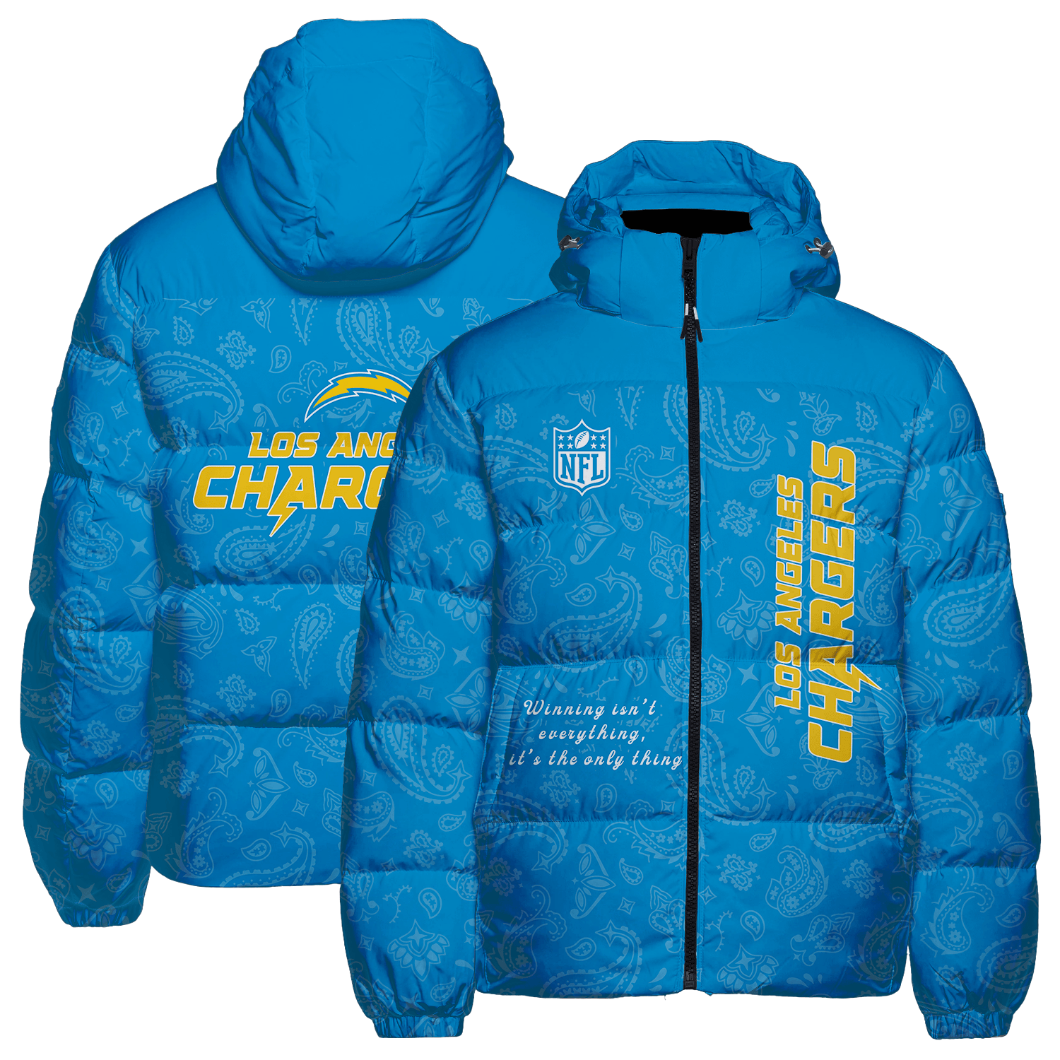 Los Angeles Chargers NFL Team Logo Wordmark Paisley Pattern Puffer Jacket