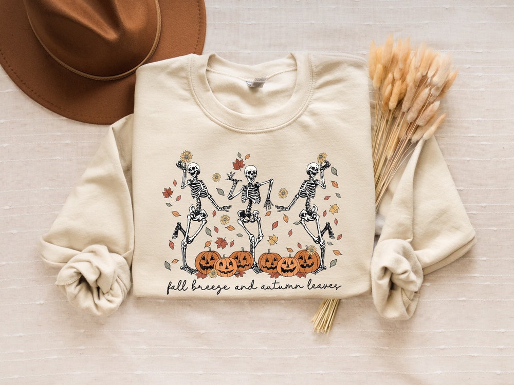 Fall Breeze and Autumn Leaves T-shirt, Sweatshirt, Hoodie, Halloween Sweatshirt, Dancing Skeletons Hoodie, Spooky Fall Sweatshirt, Pumpkin Sweatshirt Gift