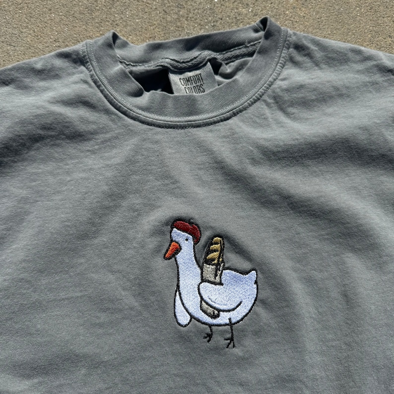 French Goose Embroidered Comfort Colors T-Shirt, Cute Minimalist Goose Shirt Dark Heather Color