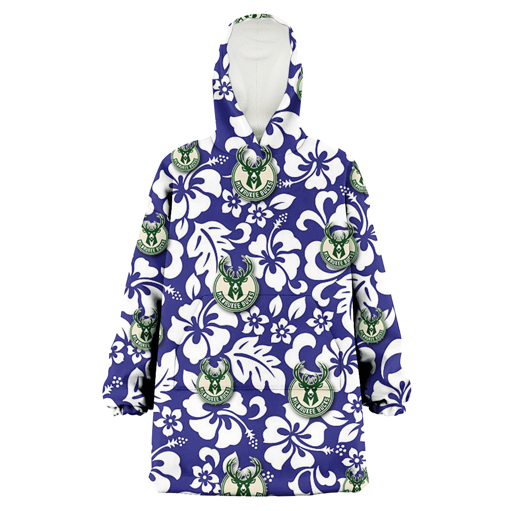 Milwaukee Bucks White Hibiscus Pattern Slate Blue Background 3D Printed Hoodie Blanket Snug Hoodie