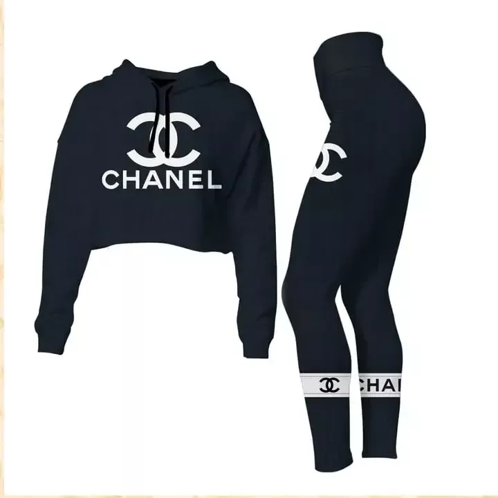 Chanel Black Luxury Brand Clothes Leggings and Crop Top Set For Women fashionstation 0608 2363