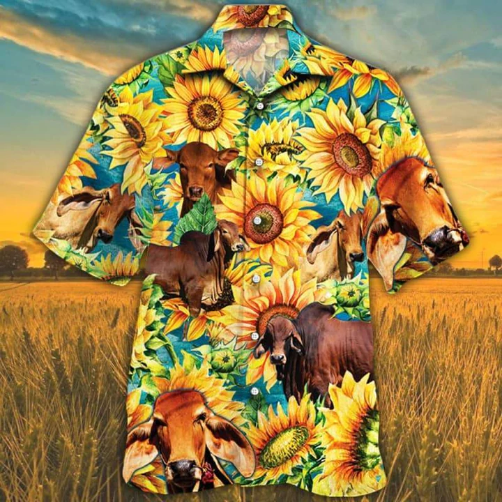 Red Brahman Hawaiian Shirt For Men, Women, Cow Cattle Lovers Sunflower Watercolor Hawaiian Shirt