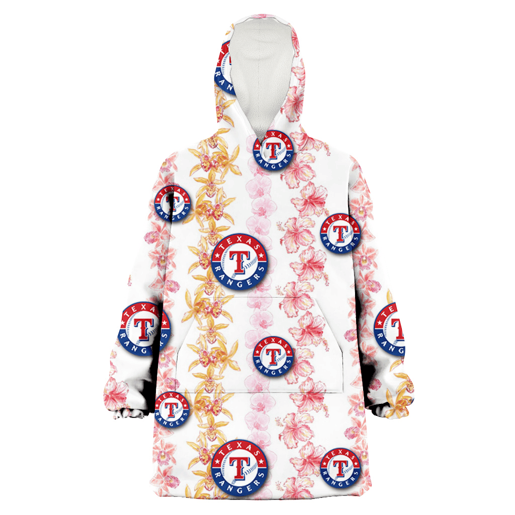 Texas Rangers Pink Hibiscus Yellow Pink Orchid White Background 3D Printed Hoodie Blanket Snug Hoodie