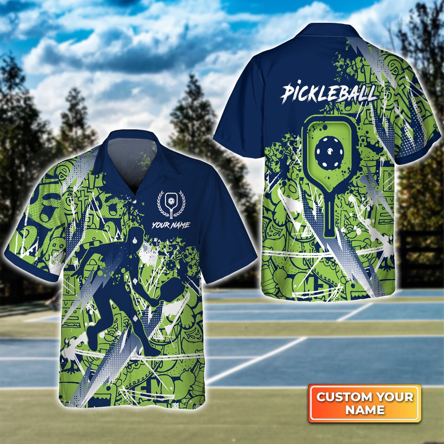 Pickleball – Scritch Man Green Blue Pattern Personalized Name 3D Hawaiian Shirt Gift For Pickleball Player