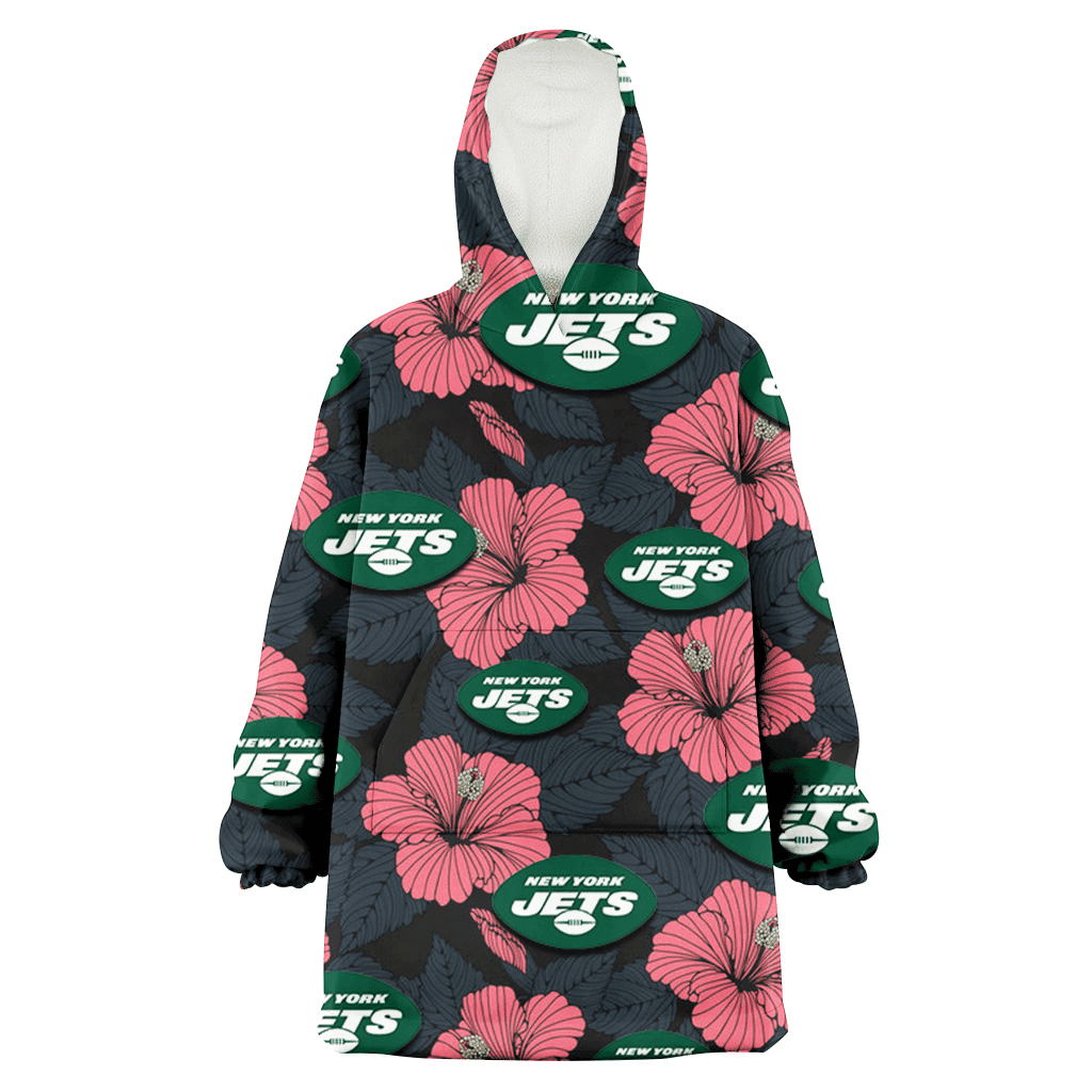 New York Jets Light Coral Hibiscus Gray Leaf Black Background 3D Printed Hoodie Blanket Snug Hoodie