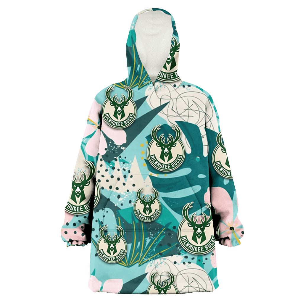 Milwaukee Bucks Pastel Hibiscus Palm Leaf Tiny Dot Green Background 3D Printed Hoodie Blanket Snug Hoodie