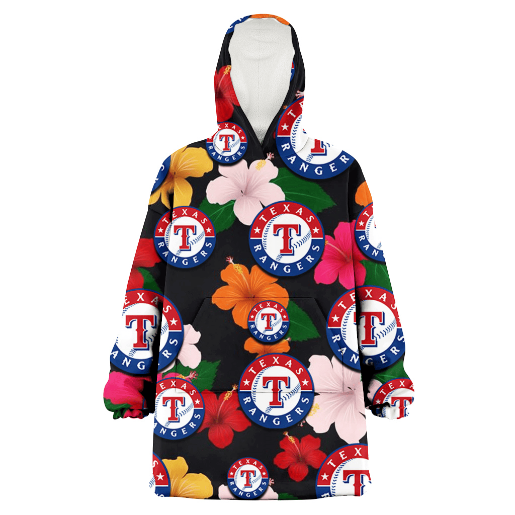 Texas Rangers Pink Orange Yellow White Hibiscus Black Background 3D Printed Hoodie Blanket Snug Hoodie