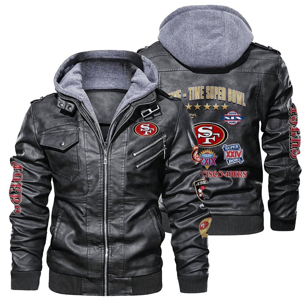 San Francisco 49ers NFL Division Five Time Super Bowl Champions Zip Black Leather Jacket With Hood