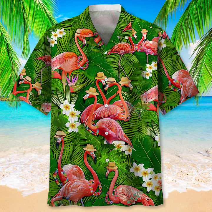 Flamingo Green Tropical Hawaiian Shirt, Aloha Shirts Short Sleeve Beach Holiday Casual Shirts