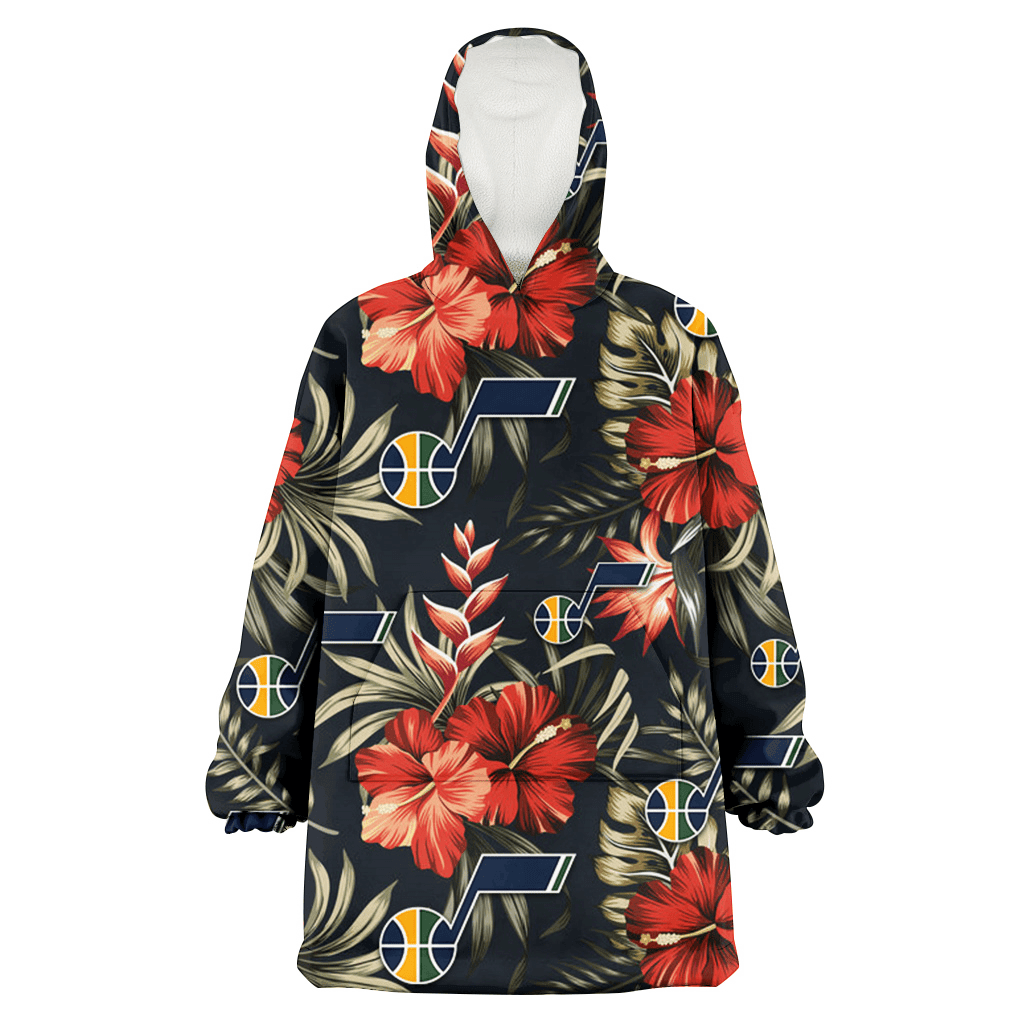 Utah Jazz Red Hibiscus Green Leaf Dark Background 3D Printed Hoodie Blanket Snug Hoodie