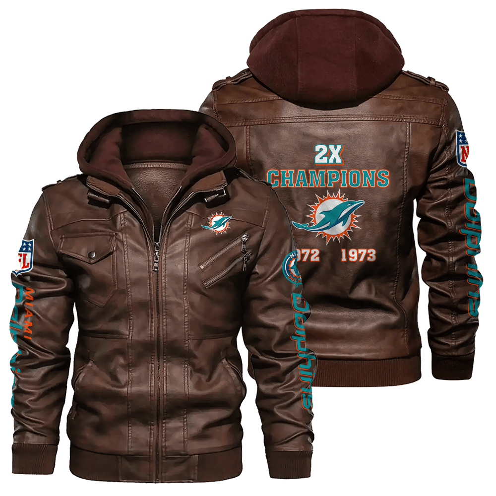 Miami Dolphins X Super Bowl NFL Champions Zip Brown Leather Jacket With Hood