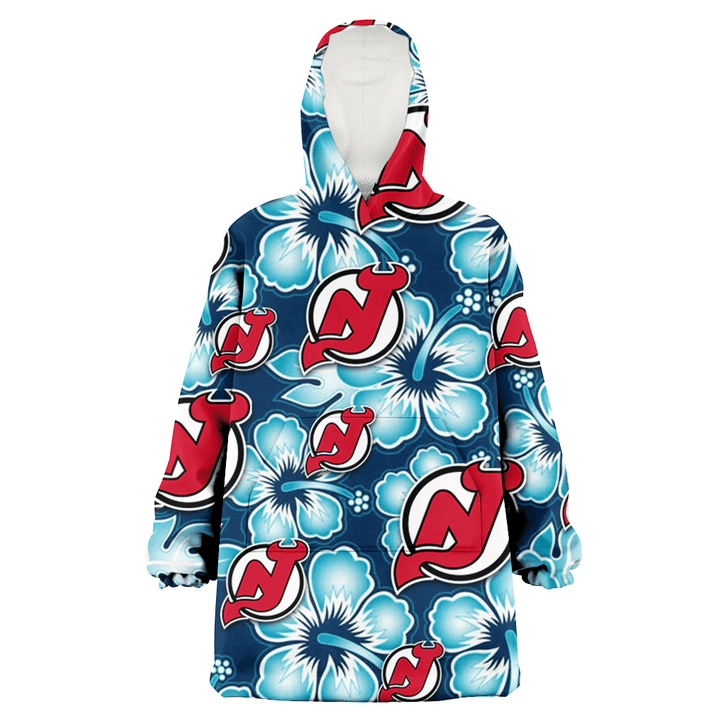 New Jersey Devils Dark Turquoise Hibiscus Navy Background 3D Printed Hoodie Blanket Snug Hoodie