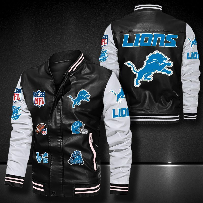 Detroit Lions Leather Varsity Jacket Bomber Coat