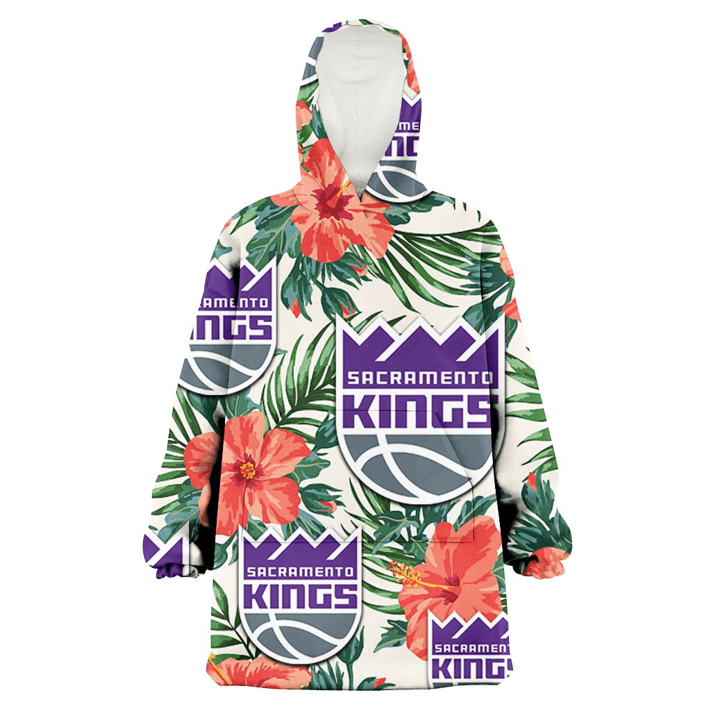 Sacramento Kings Coral Hibiscus Green Leaf Beige Background 3D Printed Hoodie Blanket Snug Hoodie