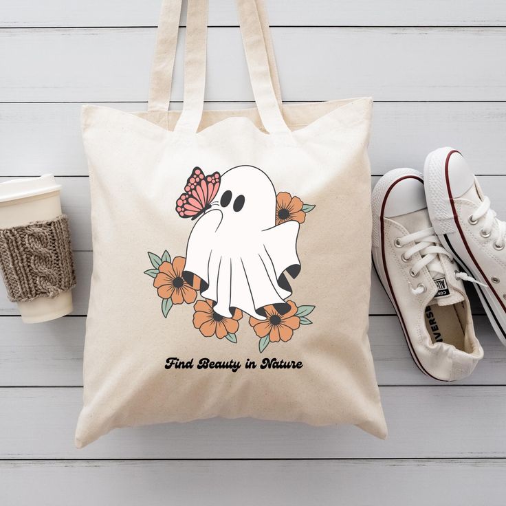 Floral Ghost Tote Bag Gift for Book Lover Librarian Teacher Canvas Book Bag Gift for Wife Friend Roommate N06101, Best Tote Bags Ideas, Cute Tote Bags Ideas, Tote Bag Design Ideas, Girls Tote Bag, Best Canvas Tote Bags Ideas