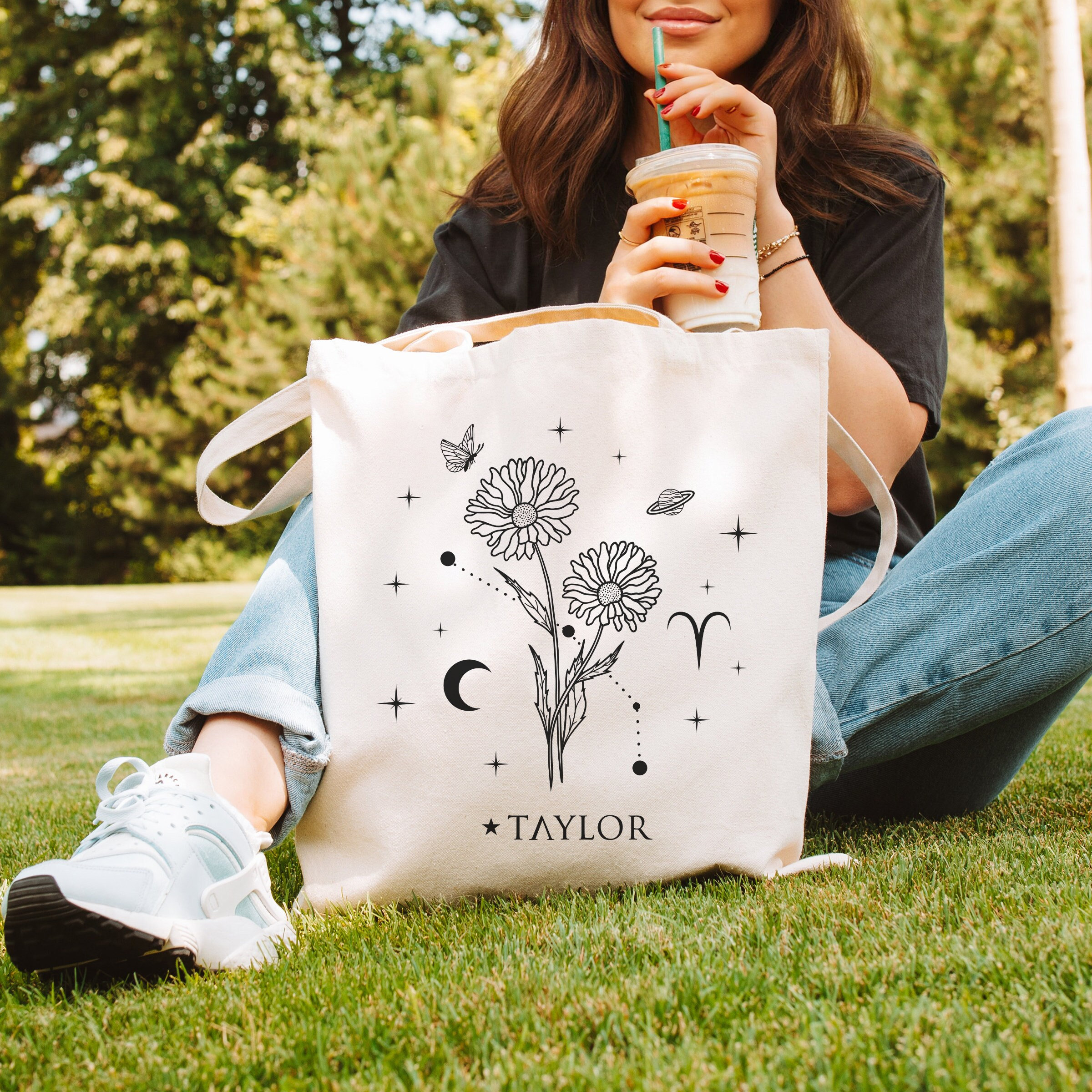 April Birth Flower Bag Personalized Canvas Tote Bag Birth Month Tote Bag Birthday Gift For Best Friend Female Zodiac Sign Gifts Aries Gifts