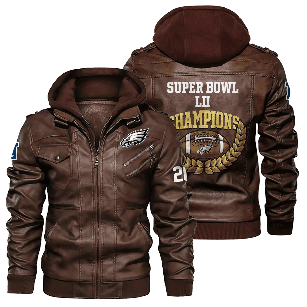 Philadelphia Eagles NFL Super Bowl LII Champions City Design Zip Brown Leather Jacket With Hood