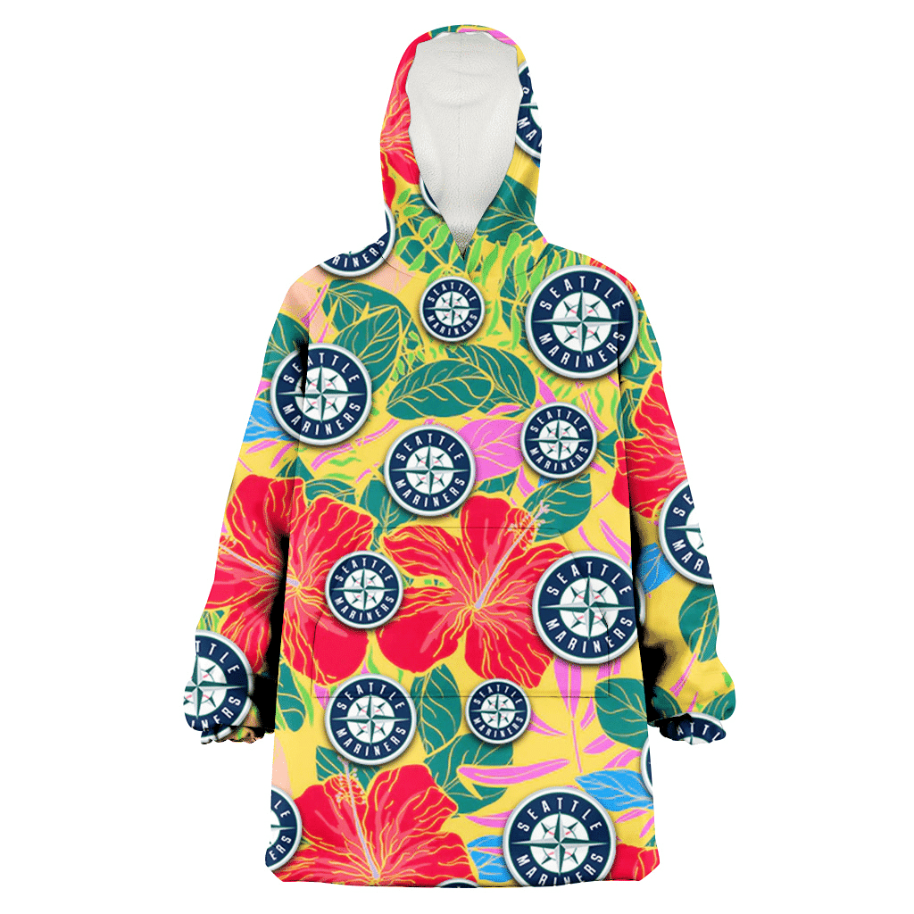 Seattle Mariners Red Hibiscus Green Blue Leaf Yellow Background 3D Printed Hoodie Blanket Snug Hoodie