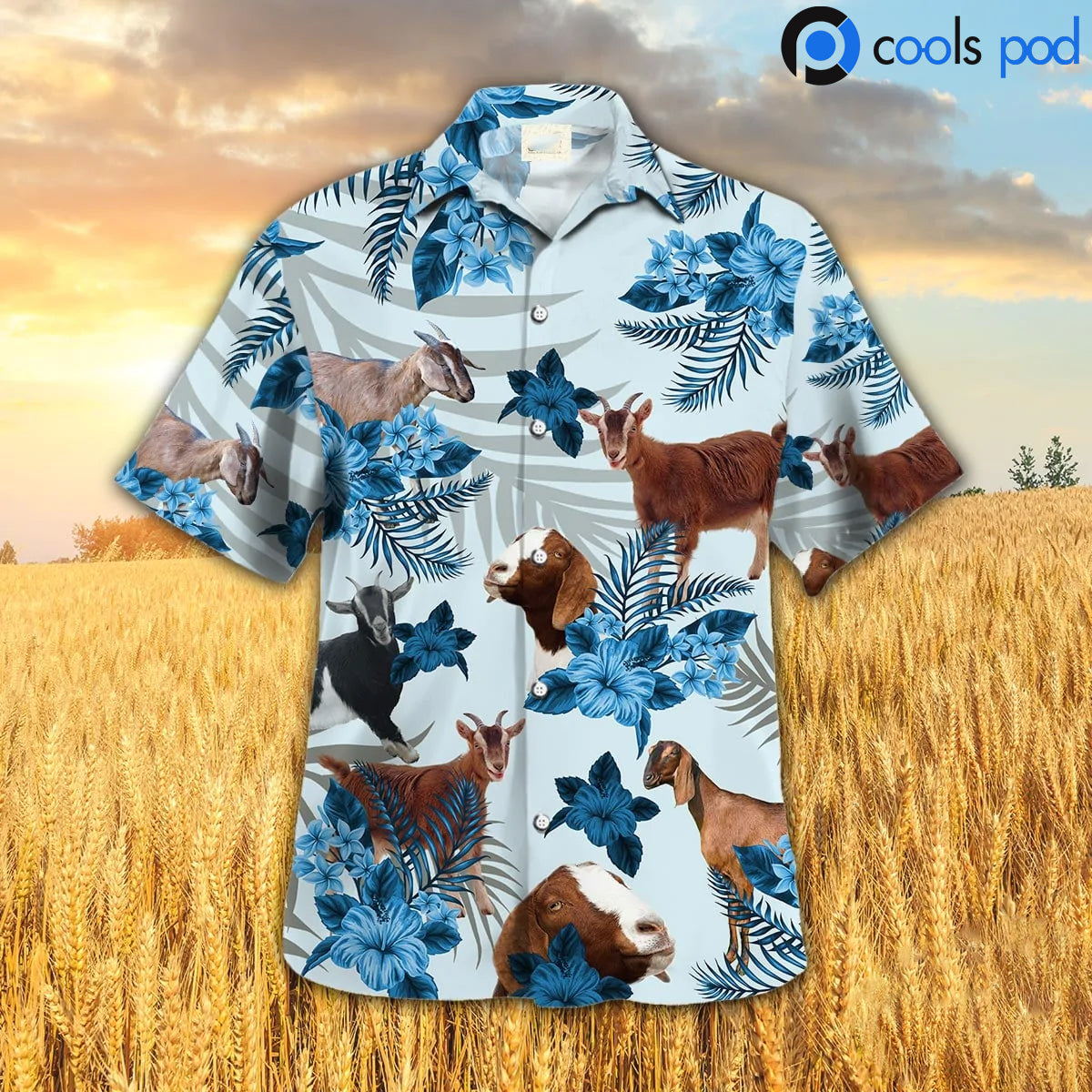 Goat Hibiscus Blue Pattern Hawaiian Shirt, Goat Hawaiian Shirt For Summer Travel