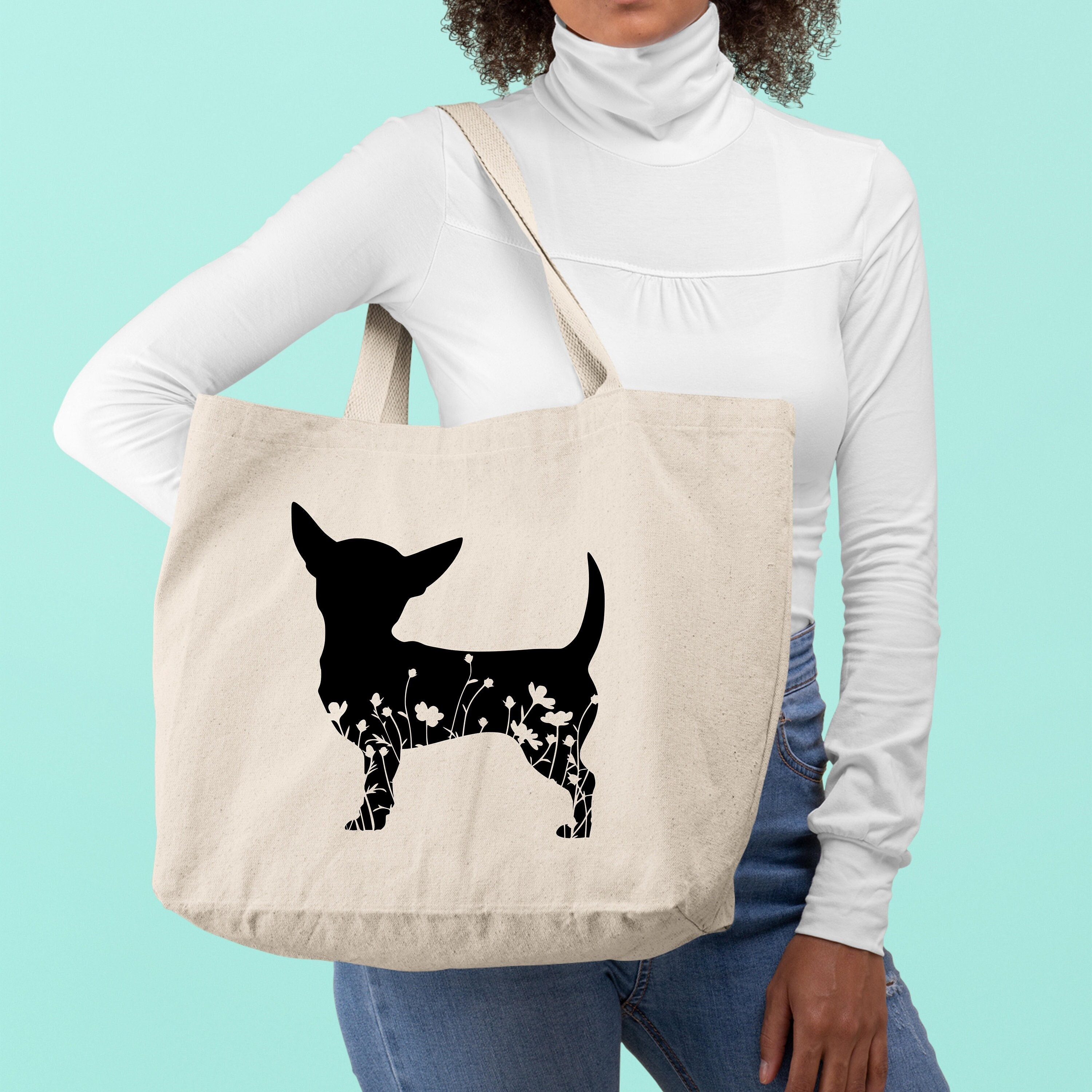 Floral Chihuahua Tote Bag, Cute Pet Tote Bag, Unique Gift for Dog Lovers, Chihuahua Dog Tote Bag, Dog Owner Tote Bag, Canvas Tote Bag