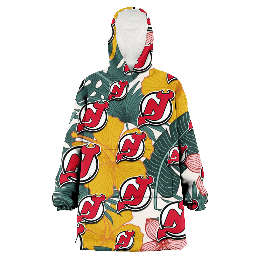 New Jersey Devils Yellow Hibiscus Green Banana Leaf Pink Porcelain Flower 3D Printed Hoodie Blanket Snug Hoodie