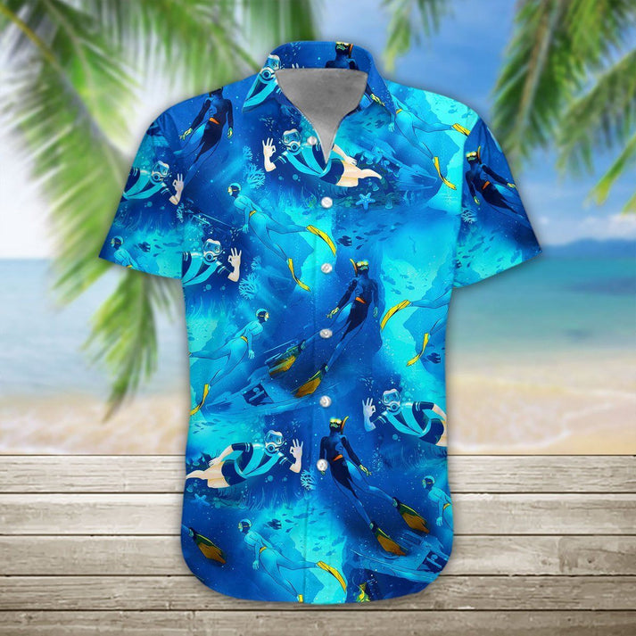 3D Freediving Hawaii Shirt, Hawaiian Shirts For Men Short Sleeve Aloha Beach Shirt