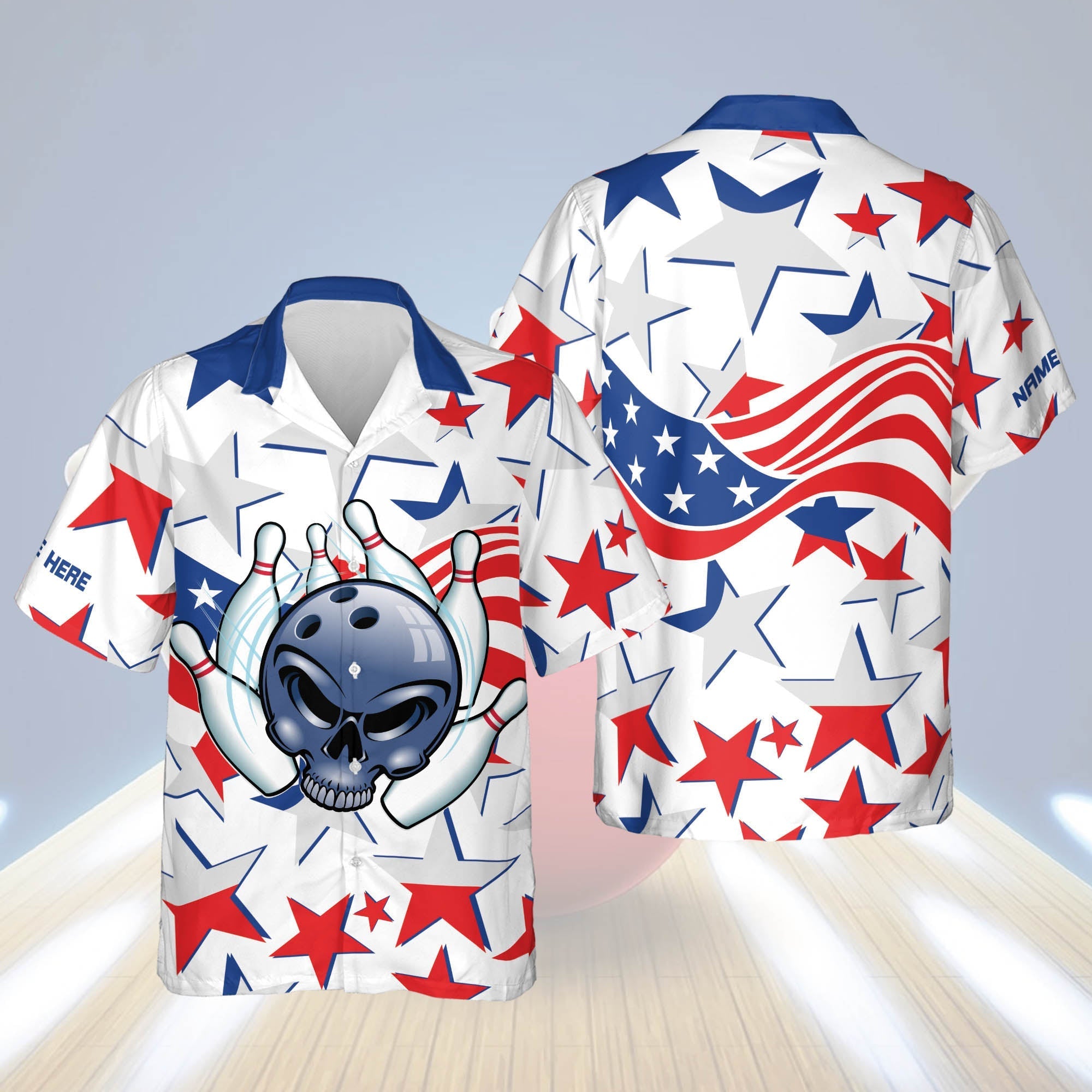 Usa Bowling Button-Down Short Sleeve Bowling Flag Hawaiian Shirt