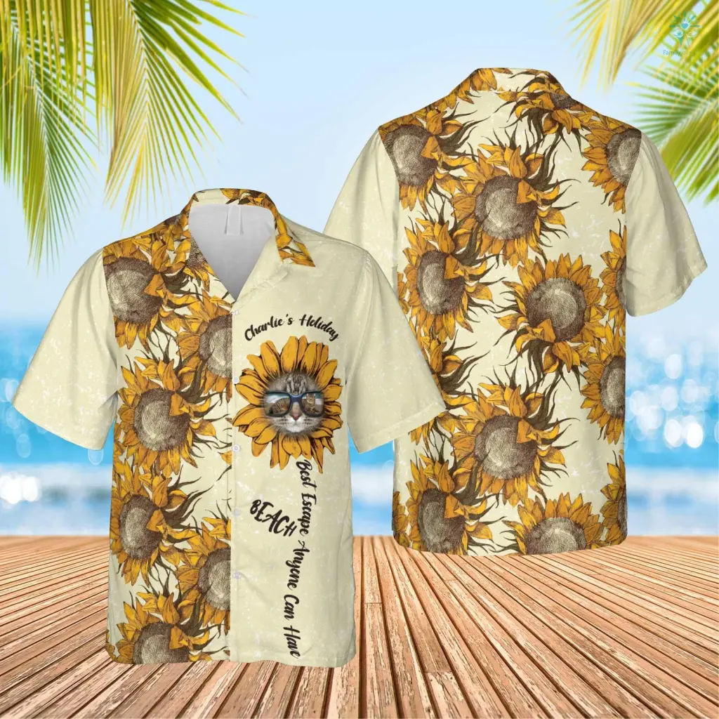 Sunflower Summer Best Escape Anyone Can Have Hawaiian Custom Name And Image Cat Summer Shirt Beach Hawaiian Shirt, Gift For Dog Cat Lover