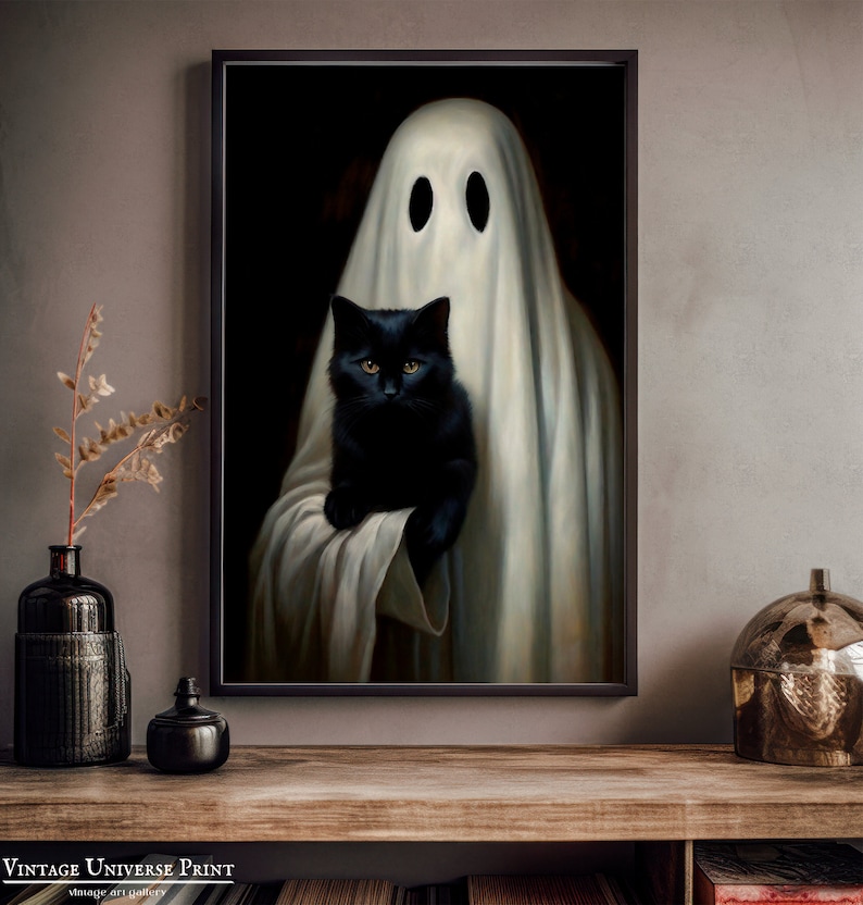 Ghost Holding Black Cat Poster | Dark Romantic Ghost | Floral Ghost Poster | Ghost Spooky Decor Alt Wall Art Halloween