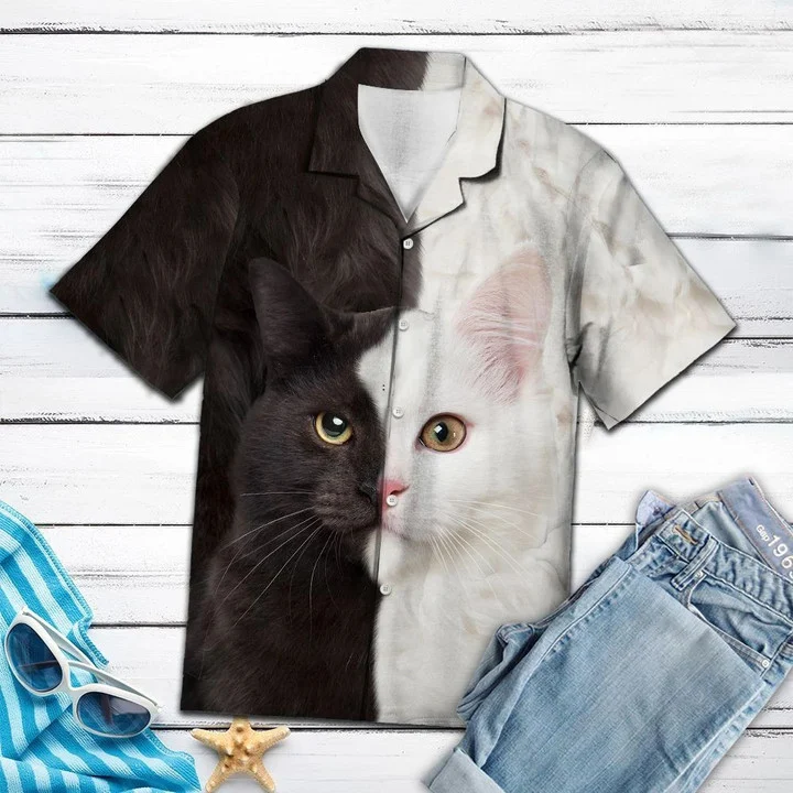 Awesome Cat Black And White Portrait Pattern Hawaiian Shirt