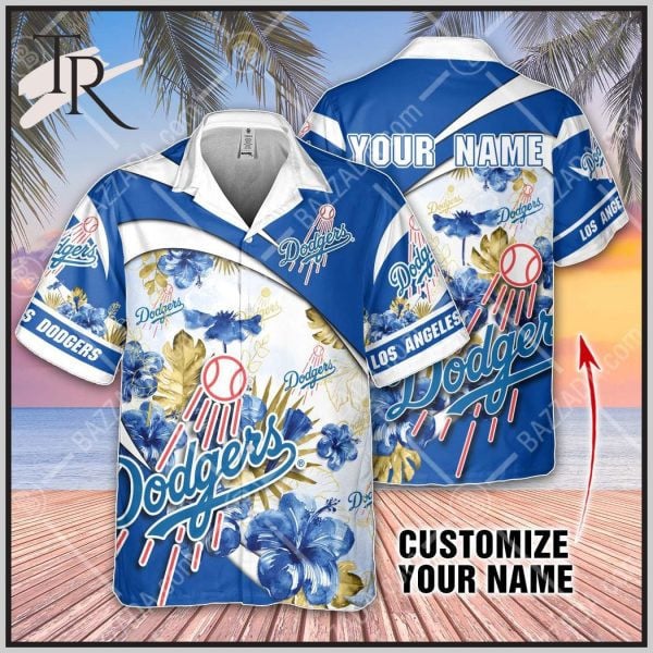Custom Name Los Angeles Dodgers Mlb Team Logo And Name Blue Flowers Pattern 3D Hawaiian Shirt
