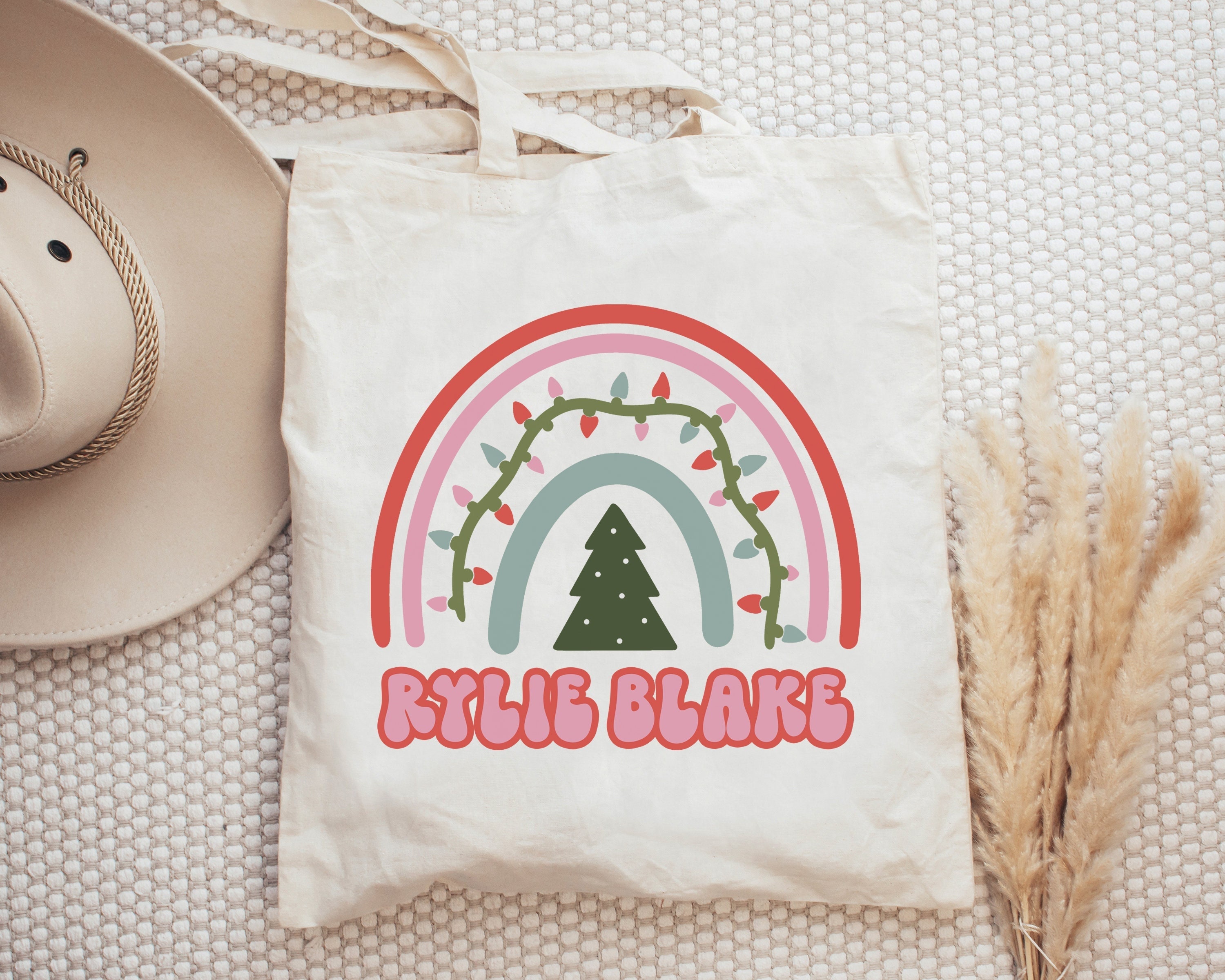 Custom Name Christmas Bag Christmas Tote Bag Holiday Tote Bag Kid’s Candy Bag Christmas Gift Bag Boho Rainbow Tote Bag Personalized Tote Bag