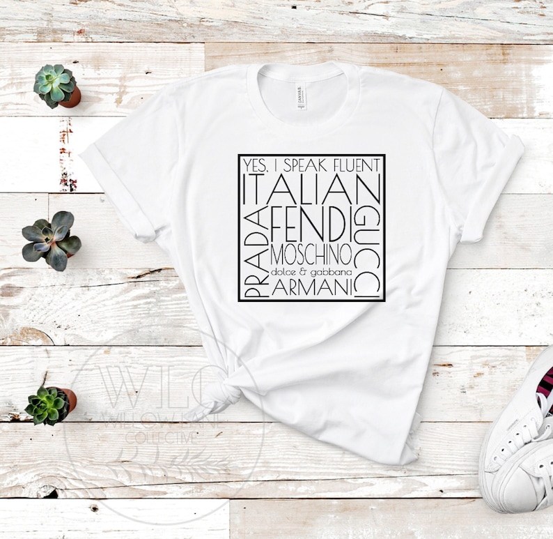 YES I SPEAK ITALIAN Designer Women’s TShirt, Fashion Tee for Women, Italian Fashion Houses TShirt, Italian Designer Tee for Ladies, Parody T