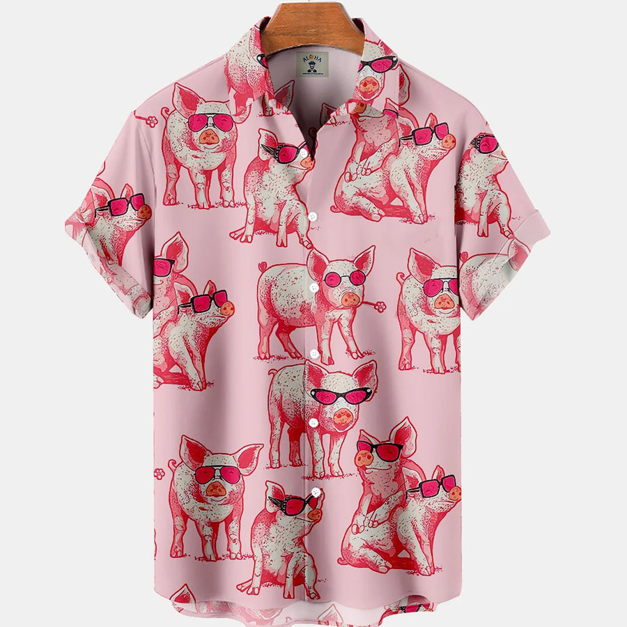 Hawaiian Funny Animal Pig Print Pocket Short Sleeve Hawaiian Shirt