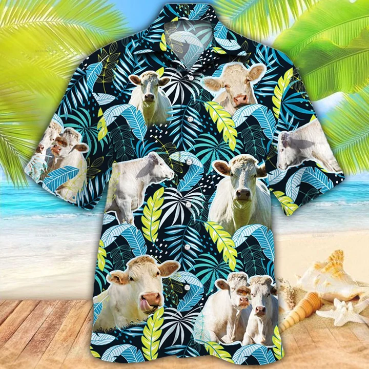 Charolais Cattle Lovers Jungle Leaves Hawaiian Shirt, Cow Flower Aloha Shirt, Hawaiian Shirt Men, Women