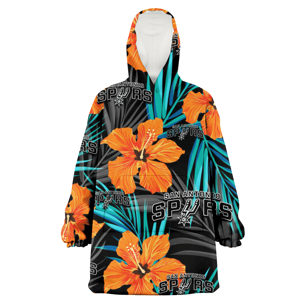 San Antonio Spurs Orange Hibiscus Blue Gray Leaf Black Background 3D Printed Hoodie Blanket Snug Hoodie