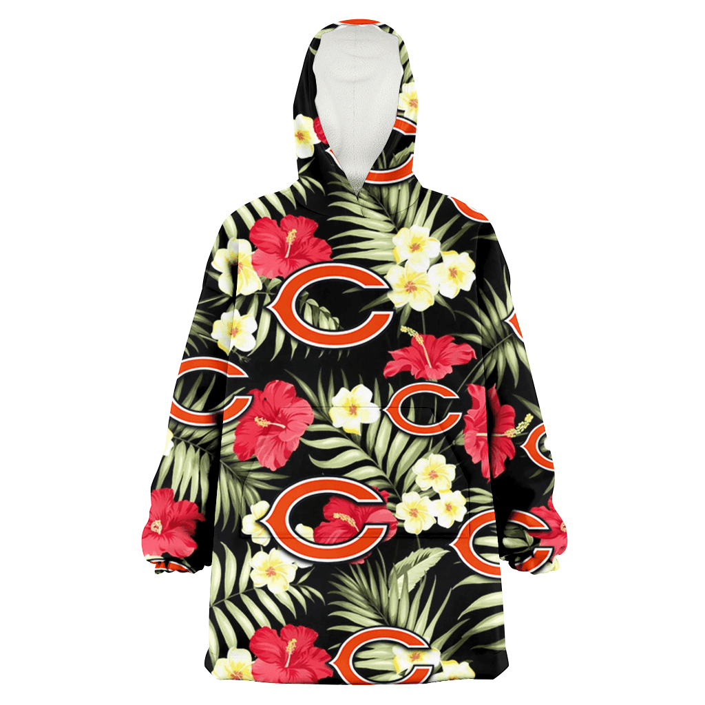 Chicago Bears Red Hibiscus Yellow Porcelain Flower Black Background 3D Printed Hoodie Blanket Snug Hoodie