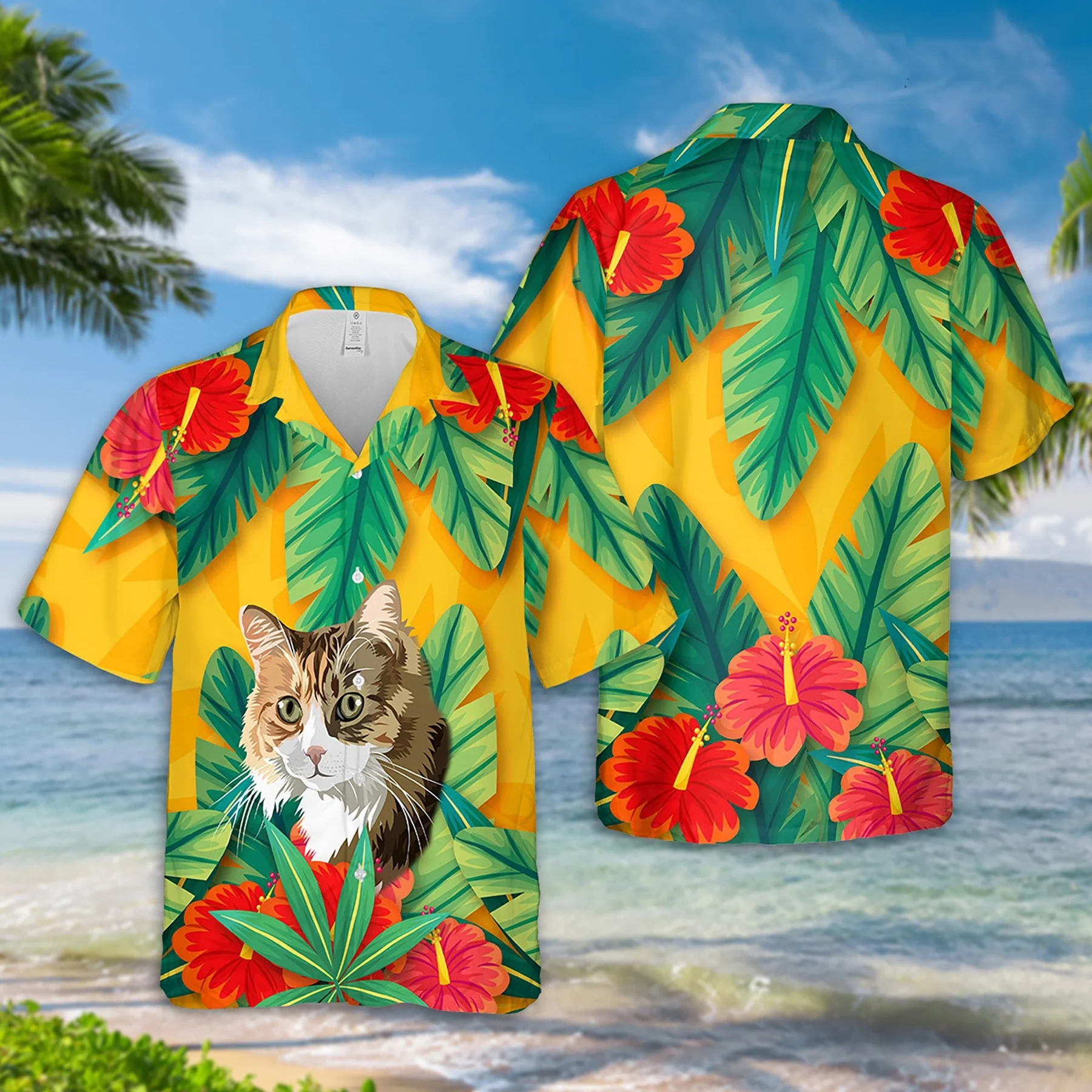 Custom Photo Dog Hawaiian Shirt, Green And Yellow Hawaii Shirt With Hand-Painted Pet Face, Tropical Print Shirts