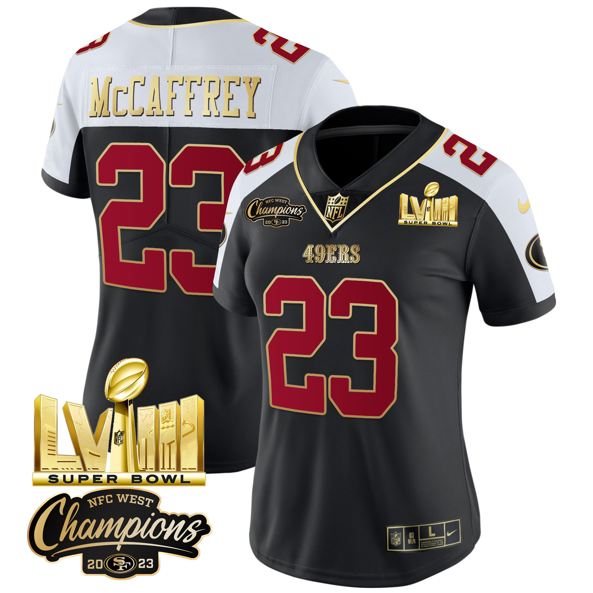 Women’S 49Ers Nfc West Champions & Super Bowl Lviii Gold Patch Vapor Jersey V2 – All Stitched