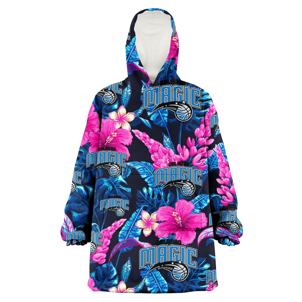 Orlando Magic Violet Red Hibiscus Blue Leaf Black Background 3D Printed Hoodie Blanket Snug Hoodie