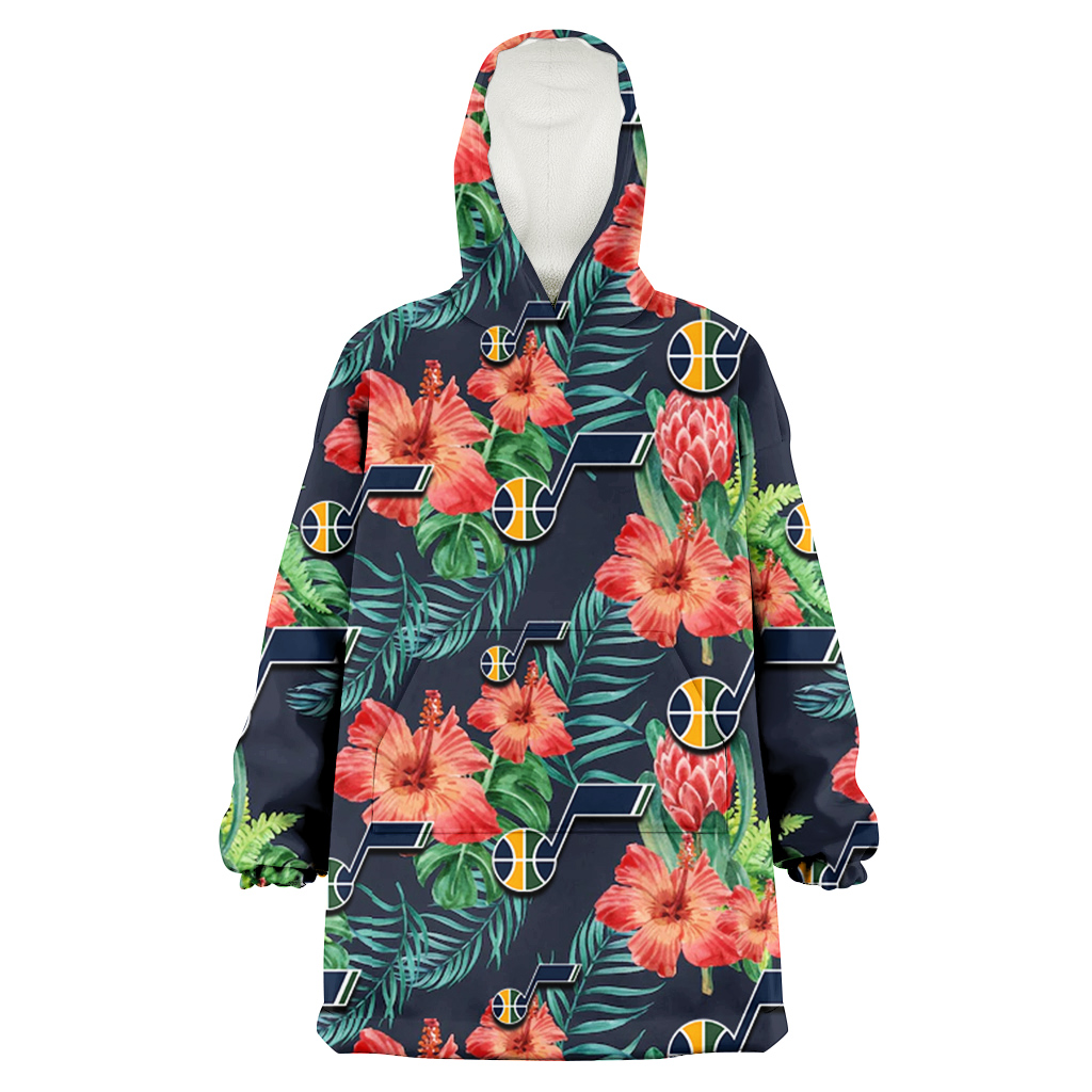 Utah Jazz Orange Hibiscus Green Tropical Leaf Dark Background 3D Printed Hoodie Blanket Snug Hoodie