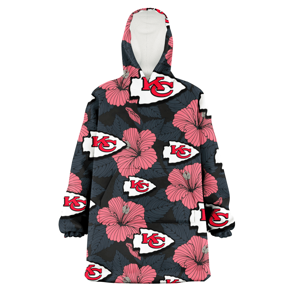 Kansas City Chiefs Light Coral Hibiscus Gray Leaf Black Background 3D Printed Hoodie Blanket Snug Hoodie