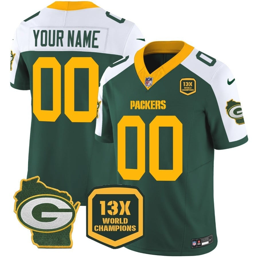 Packers 13 Time World Champions & Home Patch Vapor Custom Jersey – All Stitched