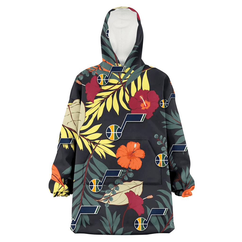 Utah Jazz Red And Orange Hibiscus Black Background 3D Printed Hoodie Blanket Snug Hoodie