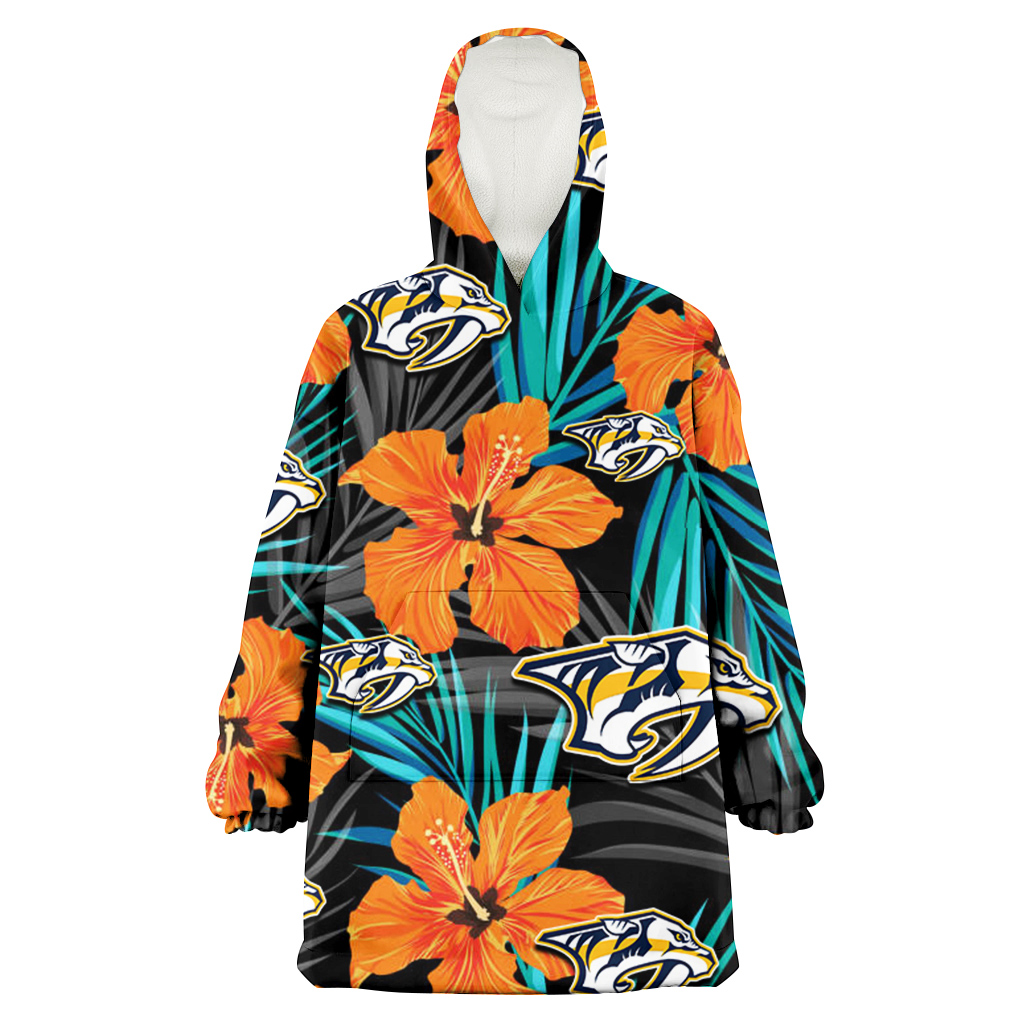 Nashville Predators Orange Hibiscus Blue Gray Leaf Black Background 3D Printed Hoodie Blanket Snug Hoodie