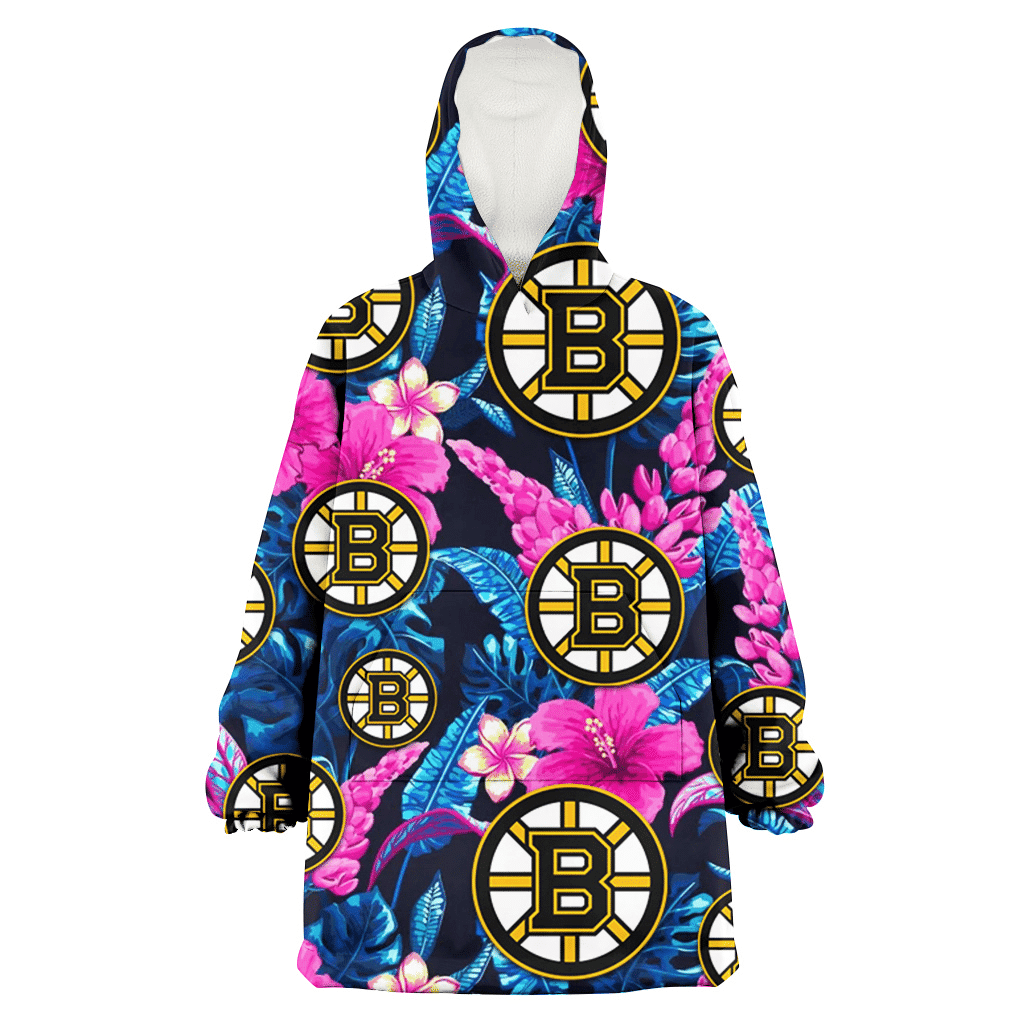 Boston Bruins Violet Red Hibiscus Blue Leaf Black Background 3D Printed Hoodie Blanket Snug Hoodie